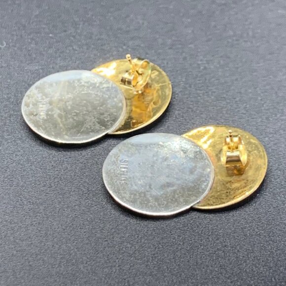 Sterling Silver 925 Round Hammered Disc Two Tone Earrings 1.25" Long - Picture 4 of 7